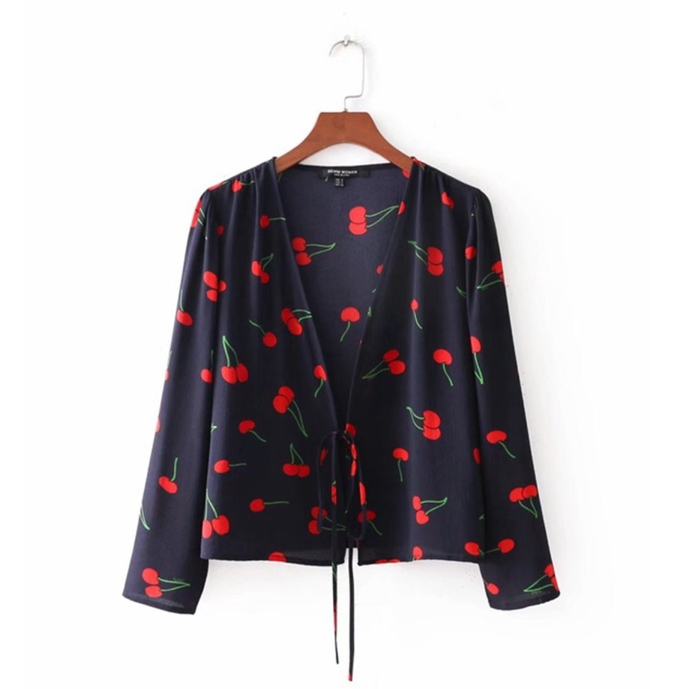 cherry print tie front top